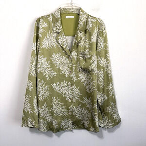 Rebecca Taylor Fleur Satin Shirt L Green Button‎ Front Relaxed Career Party Work